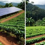 **

A split-screen showing two coffee farms. On one side, a deforested area with large-scale, pesticide-sprayed coffee plants being harvested by workers in poor conditions. On the other side, a lush, biodiverse shade-grown coffee farm with happy workers, solar panels, and thriving local flora and fauna. This side features Fairtrade and Rainforest Alliance signs. The overall tone is contrasting and highlights the difference between unsustainable and sustainable coffee production.

**