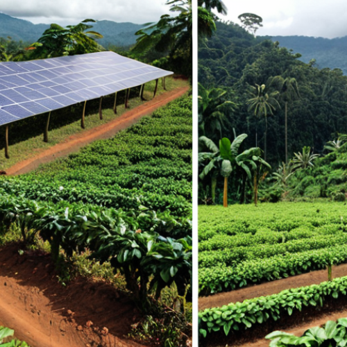 Home 15 **
A split-screen showing two coffee farms. On one side, a deforested area with large-scale, pesticide-sprayed coffee plants being harvested by workers in poor conditions. On the other side, a lush, biodiverse shade-grown coffee farm with happy workers, solar panels, and thriving local flora and fauna. This side features Fairtrade and Rainforest Alliance signs. The overall tone is contrasting and highlights the difference between unsustainable and sustainable coffee production.
**