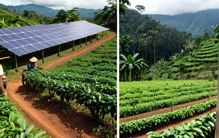 **
A split-screen showing two coffee farms. On one side, a deforested area with large-scale, pesticide-sprayed coffee plants being harvested by workers in poor conditions. On the other side, a lush, biodiverse shade-grown coffee farm with happy workers, solar panels, and thriving local flora and fauna. This side features Fairtrade and Rainforest Alliance signs. The overall tone is contrasting and highlights the difference between unsustainable and sustainable coffee production.
**