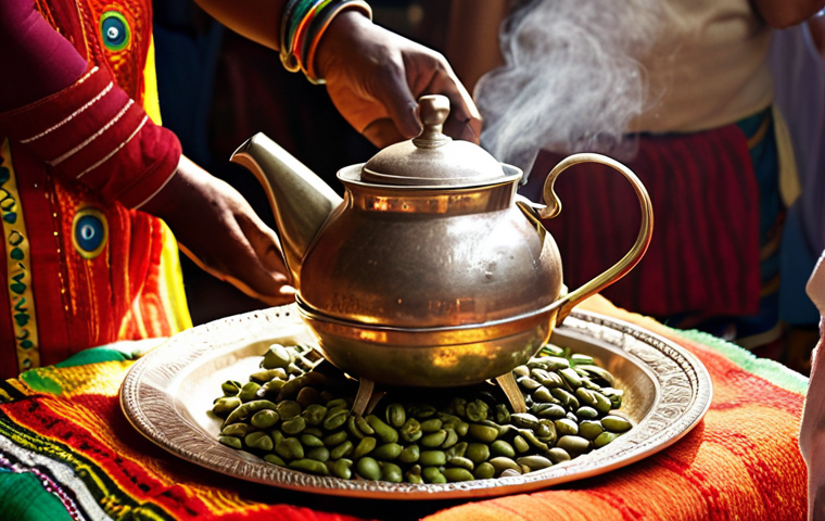 **
A vibrant, bustling Ethiopian coffee ceremony. Focus on the traditional "jebena" coffee pot, the roasting of green coffee beans, and the social interaction surrounding the ceremony. Capture the warmth and hospitality associated with this cultural practice. Consider including elements of Ethiopian textiles and traditional clothing to enhance the cultural context. Style: realistic, warm lighting.
**