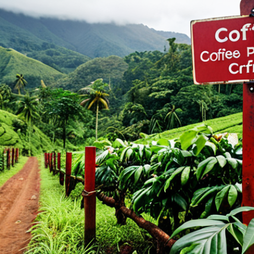 Home 7 **
A lush, green coffee plantation in a remote, jungle-like setting. In the background, rolling hills are visible. The foreground shows coffee plants laden with bright red coffee cherries. A weathered signpost displays travel safety advice (in Dutch). The overall mood should be adventurous yet cautious. Focus on the vibrant colors of nature and the rustic charm of the plantation.
**